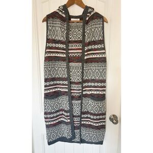 Hooded Knit Cardigan Vest with Geometric Fair Isle Pattern